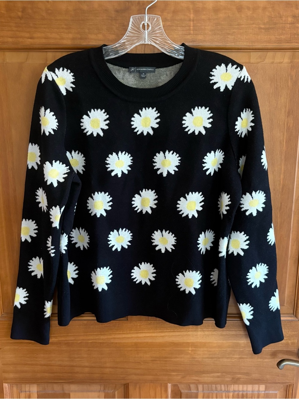 Adrianna Papell Black Crewneck Daisy Print Women's Sweater, Size M